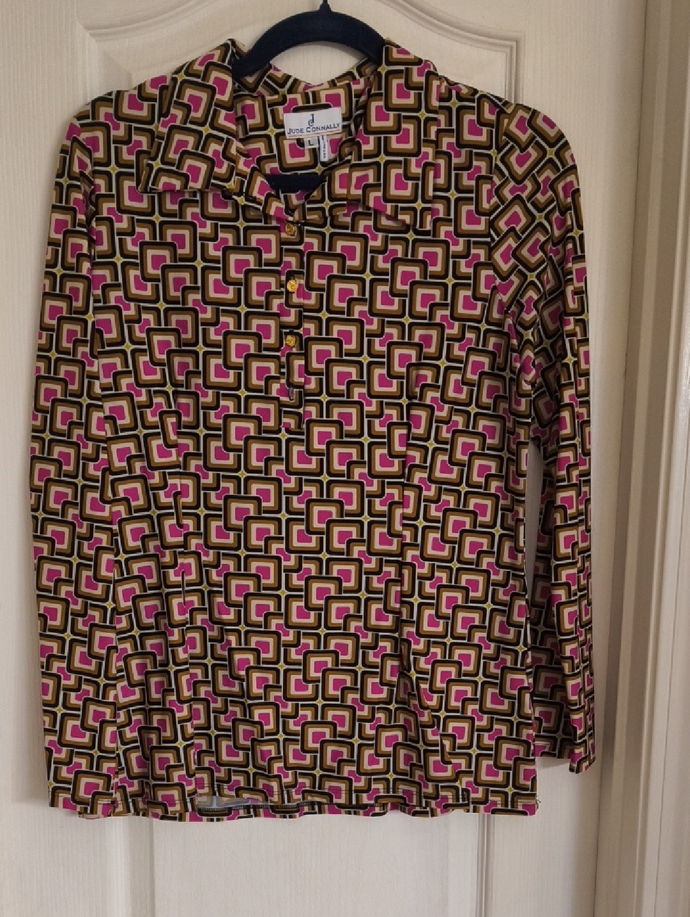 Jude Connally Retro Geometric Button-Up Top in Pink, Olive, Black